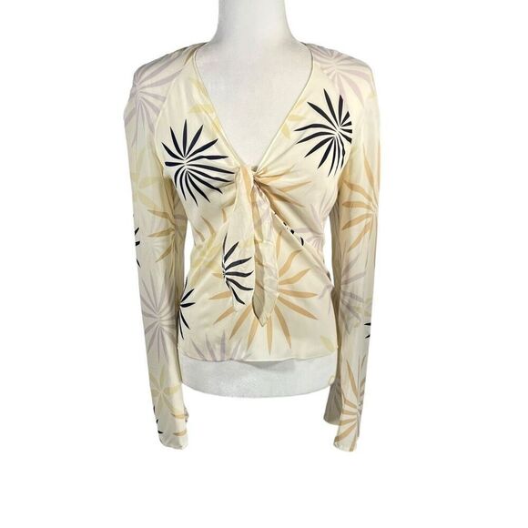 Elie Tahari Cream w Abstract Leaf Print Tie-front Blouse Size Medium in Silk ble - Picture 1 of 12